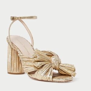 Loeffler Randall‎ Camellia Gold Pleated Bow Heel Sandal MSRP $400 EUC Size 9.5